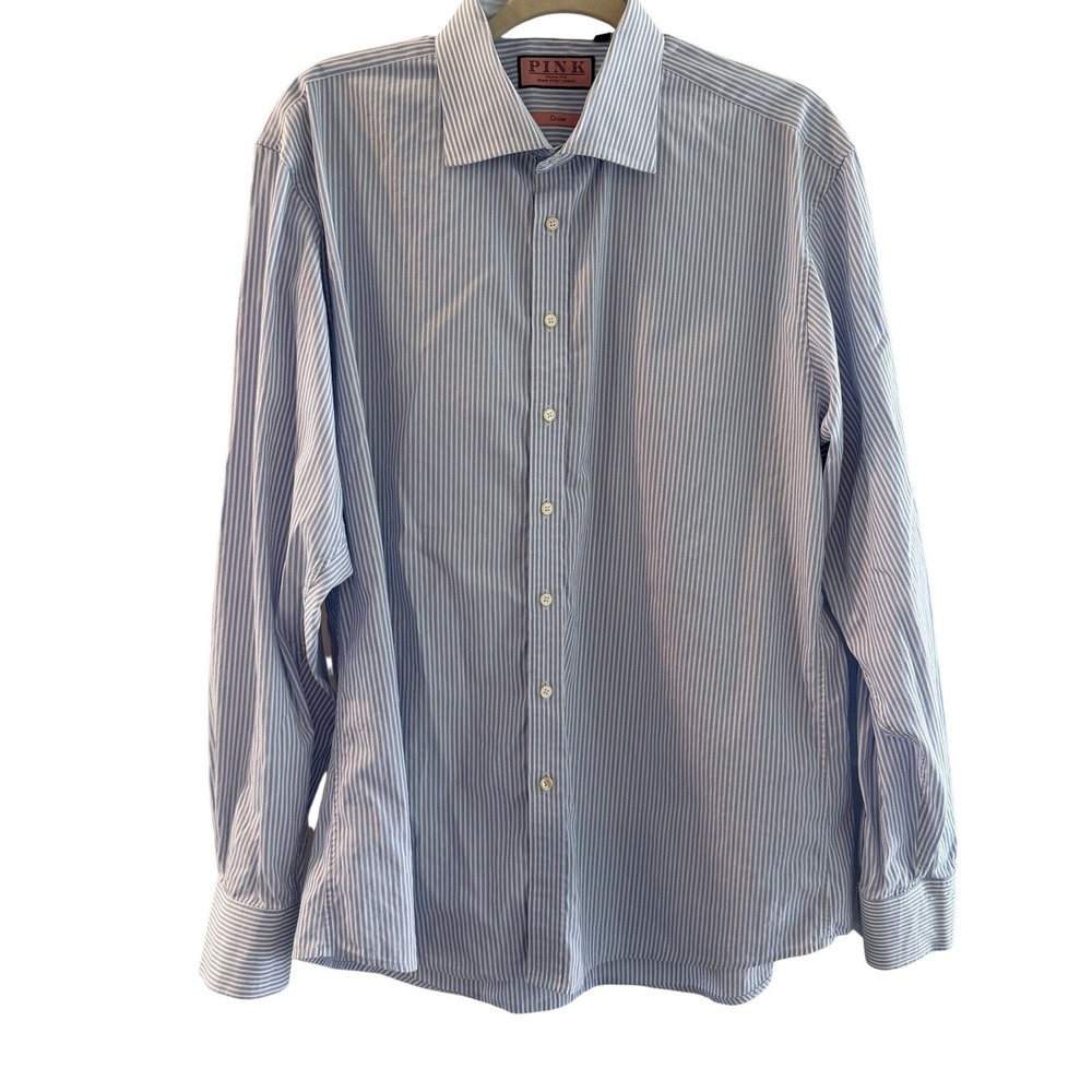 Thomas Pink Cruiser Dress Shirt Blue White Stripe Spread Collar Long Sleeve